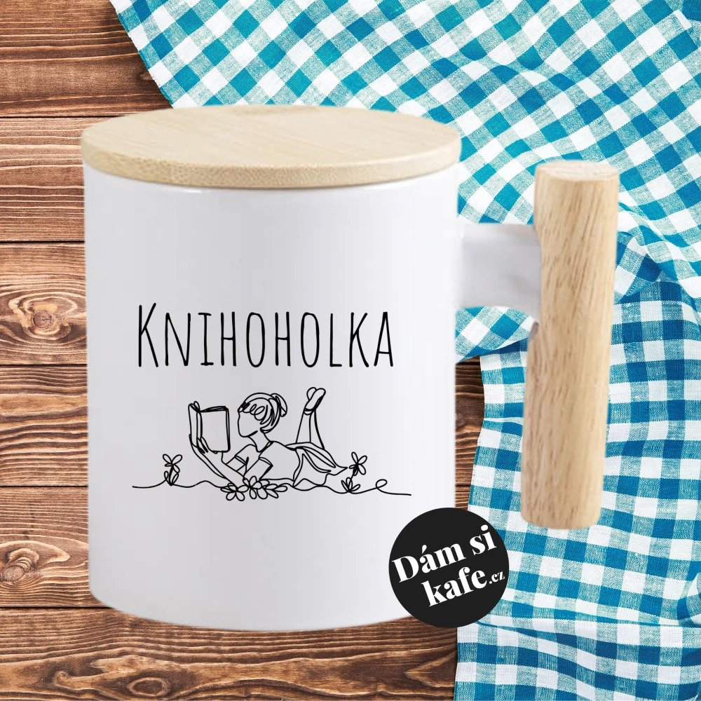 Keramický hrnek s dřevěným uchem a víčkem KNIHOHOLKA