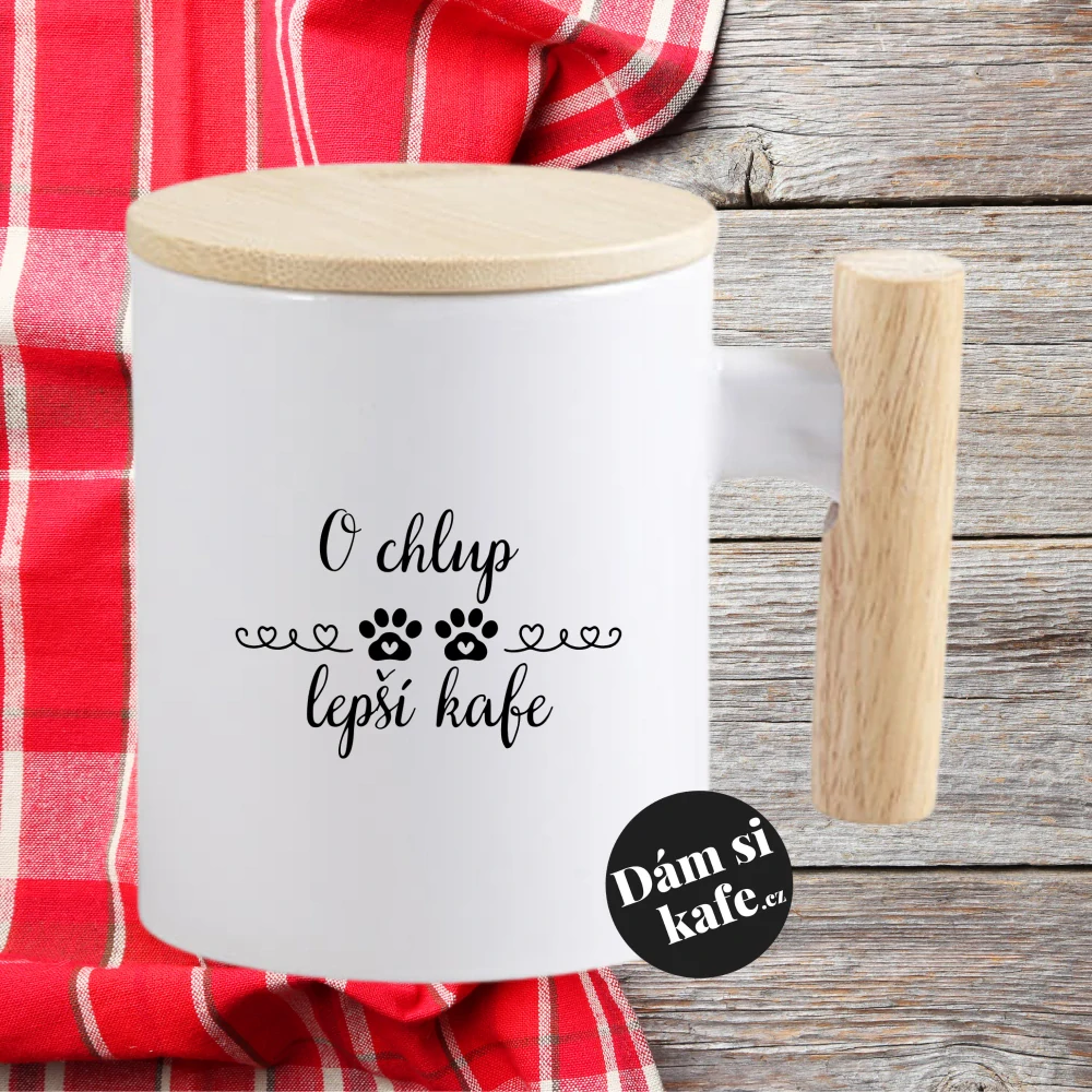 Keramický hrnek s dřevěným uchem a víčkem O chlup lepší kafe