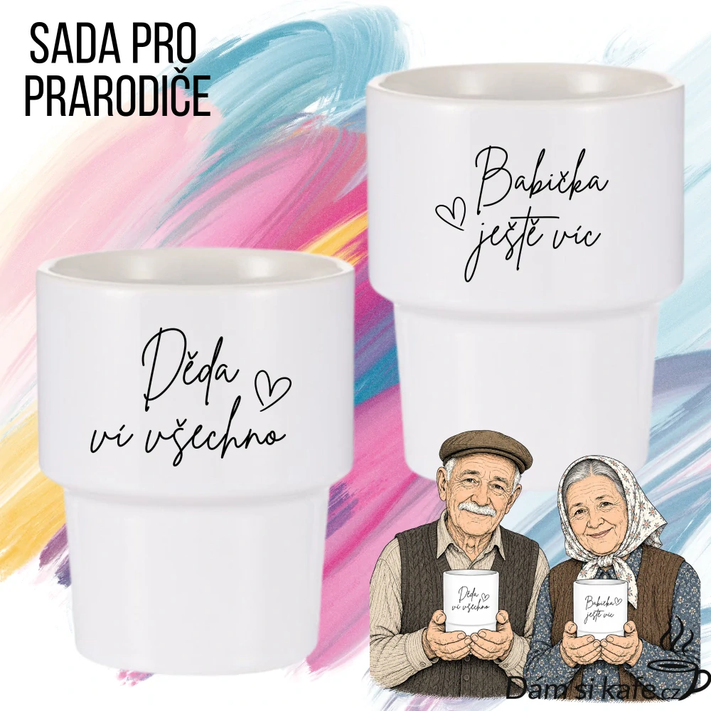 Výhodná sada keramických hrnků bez ucha „Děda ví všechno & Babička ještě víc“ (2 ks x 360 ml)