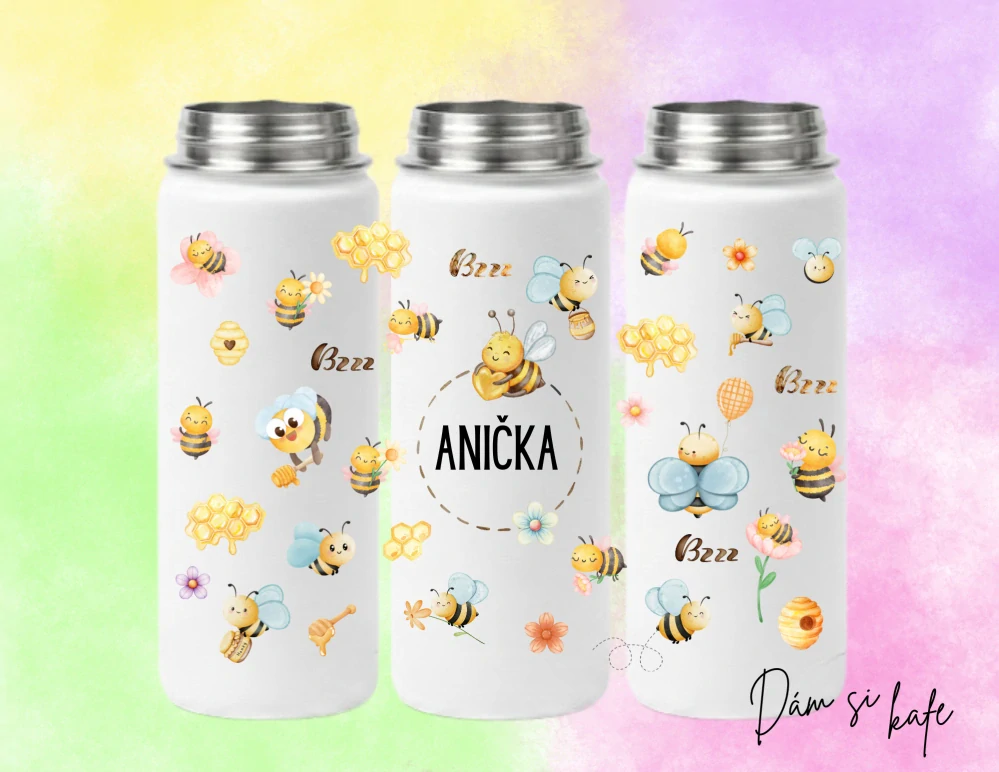 Dětská nerezová termoska s jménem a motivem Včelička 500 ml – růžová / modrá