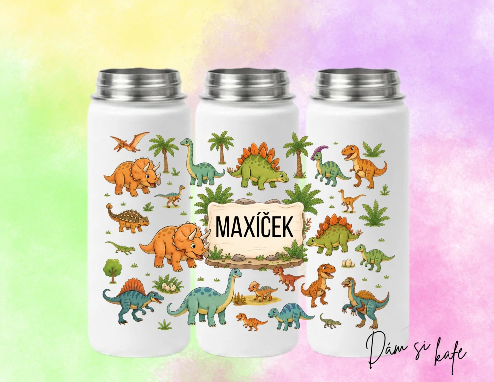 Dětská nerezová termoska s dino motivem a jménem 500 ml – růžová / modrá