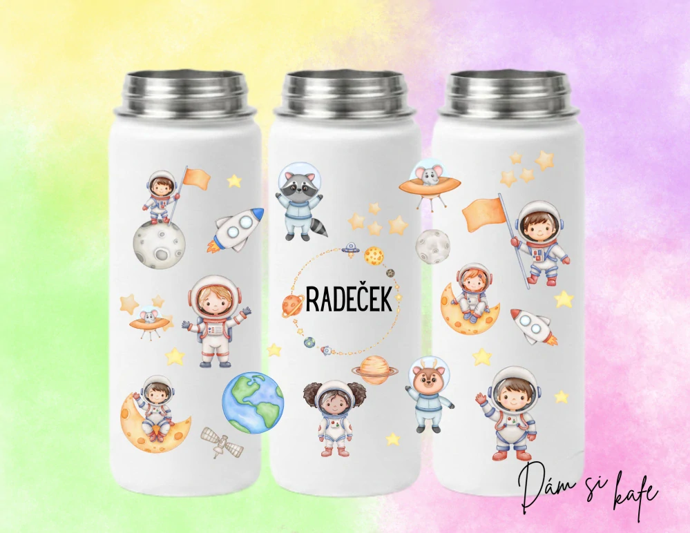Dětská nerezová termoska s Astronautem 500 ml – růžová / modrá