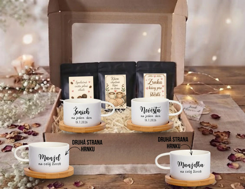 🎁 Svatební dárková sada pro novomanžele: 2× Makronkový šálek & 3 balení kávy