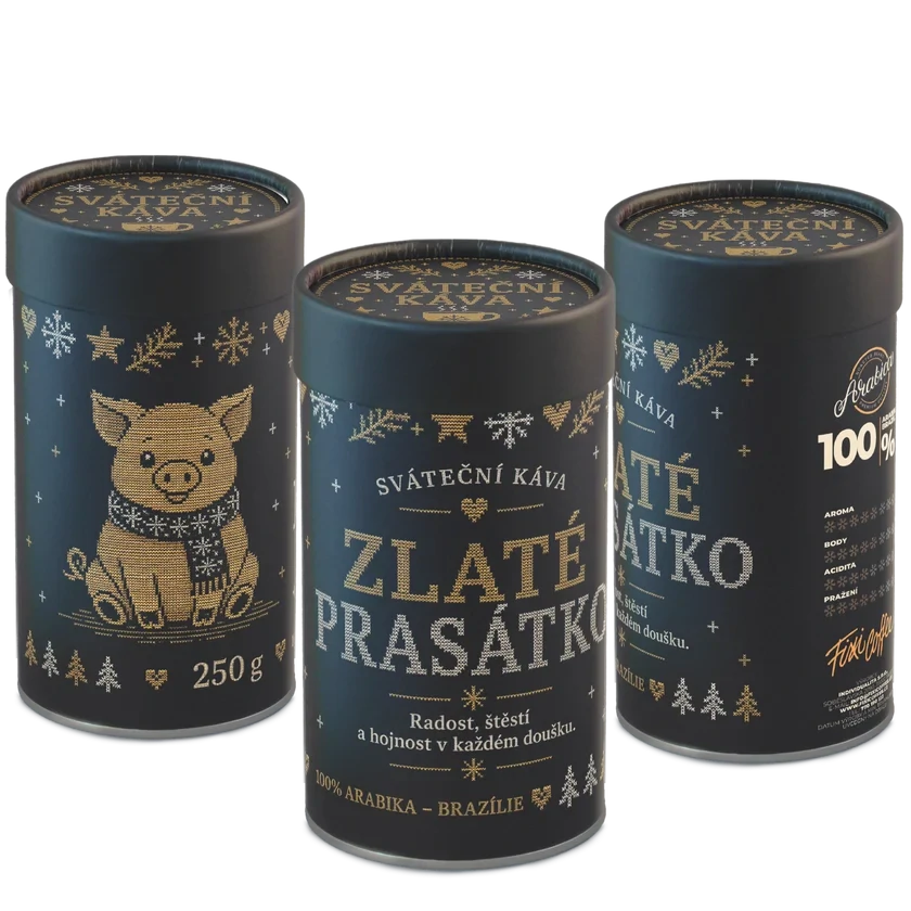 ☕ Vánoční dárková káva „Zlaté prasátko“ od Fixi Coffee – 100% výběrová Arabica v papírové tubě