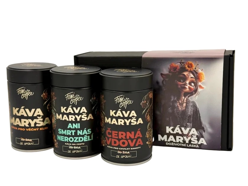 ☕ Dárková degustační sada Káva Maryša – V trojce a podruhé (3× 150 g v plechových dózách) Fixi Coffee
