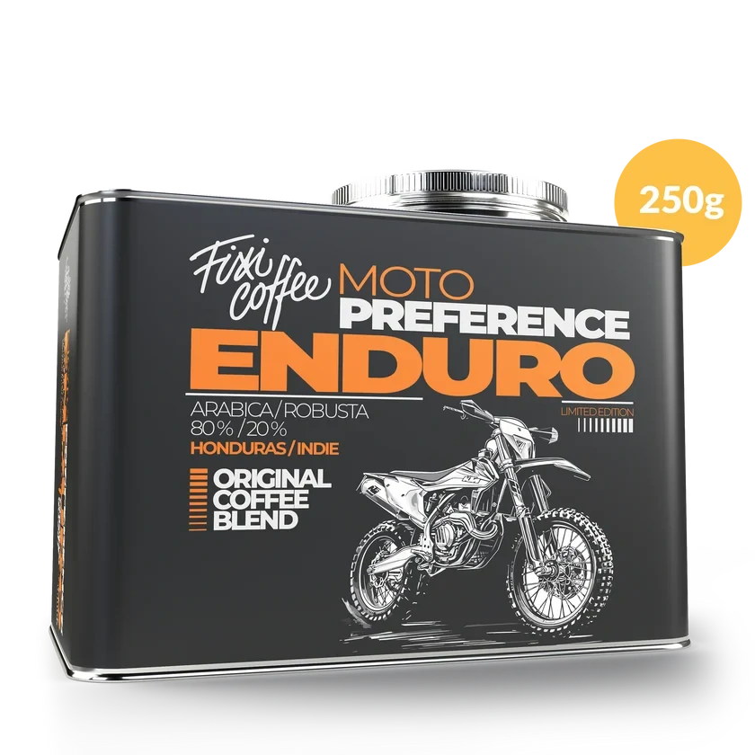 ☕ Dárková káva Motokafe – Enduro (směs 80 % Arabica a 20 % Robusta v plechovém kanystru) Fixi Coffee