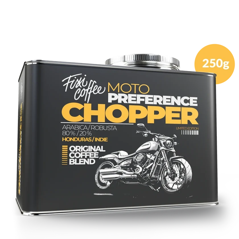 ☕ Dárková káva Motokafe – Chopper (směs 80 % Arabica a 20 % Robusta v plechovém kanystru) Fixi Coffee