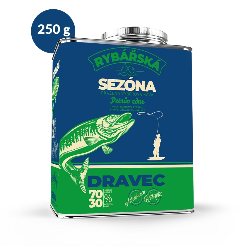 ☕ Dárková káva Rybářská – Dravec (směs 70 % Arabica a 30 % Robusta ve stylovém plechovém kanystru) Fixi Coffee