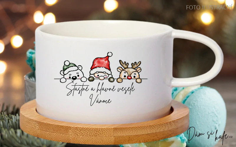 🎄 Vánoční šálek makronka s bambusovým podšálkem „Šťastné a hlavně veselé Vánoce“