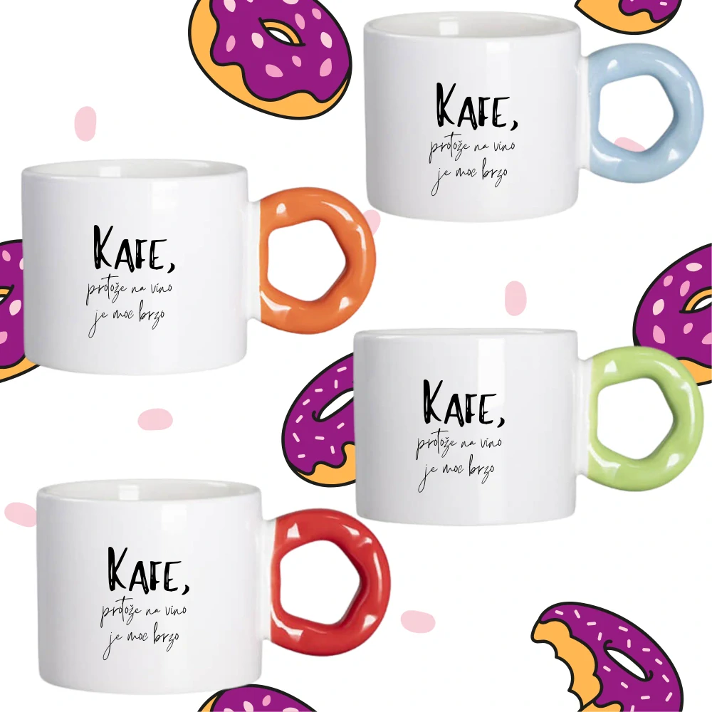 Hrnek Koblížek s koblihovým (donut) uchem Kafe, protože na víno je moc brzo