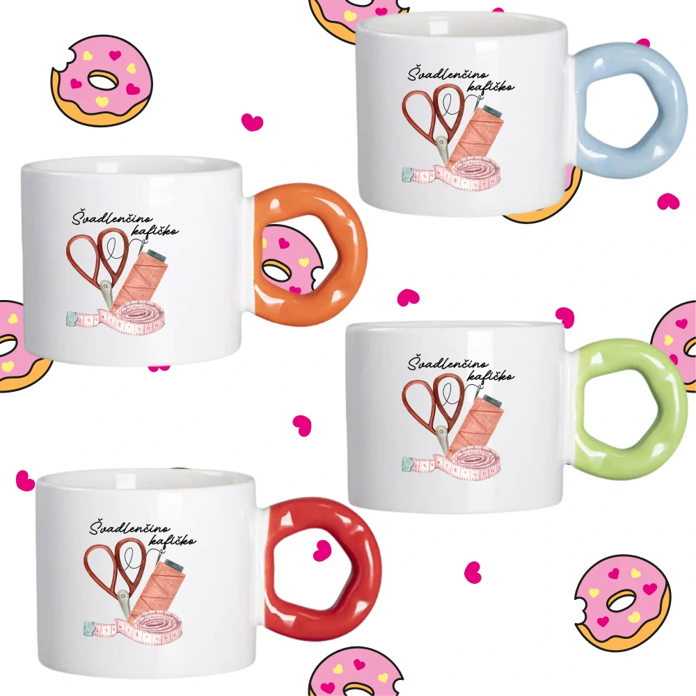 Hrnek Koblížek s koblihovým (donut) uchem Švadlenčino kafíčko