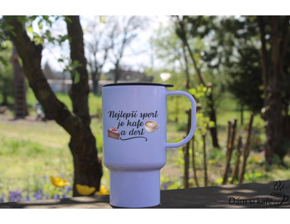 Cestovní polymerový hrnek „Nejlepší sport je kafe a dort“ (300 ml)