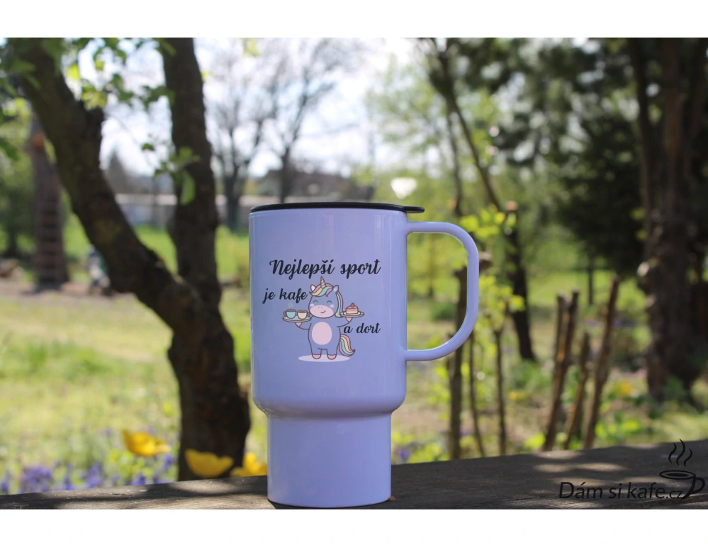 Cestovní polymerový hrnek „Nejlepší sport je kafe a dort“ – Jednorožec edice (300 ml)