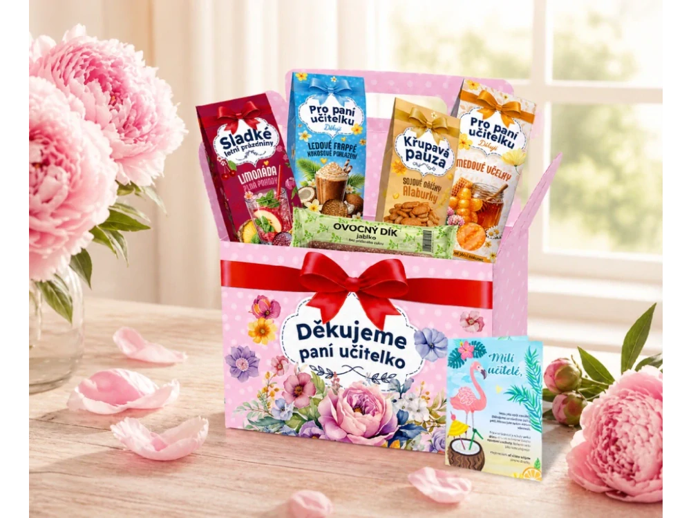 Dárkový box s mašlí „Děkujeme, paní učitelko“ – prémiová sada s uchem