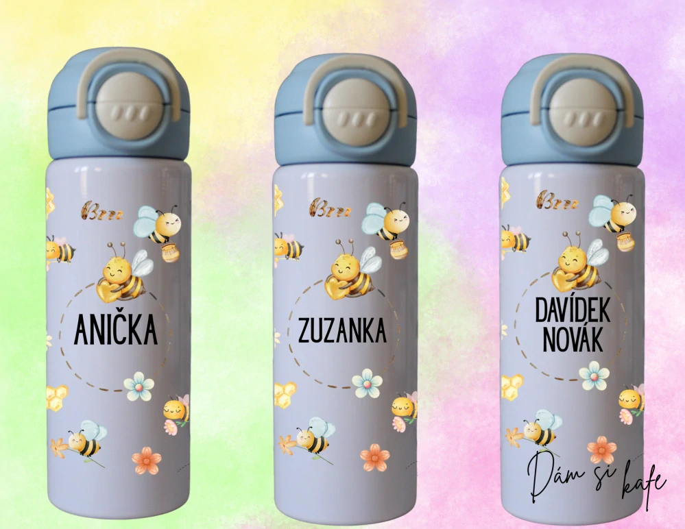 Dětská nerezová termoska s jménem a motivem Včelička 500 ml – růžová / modrá