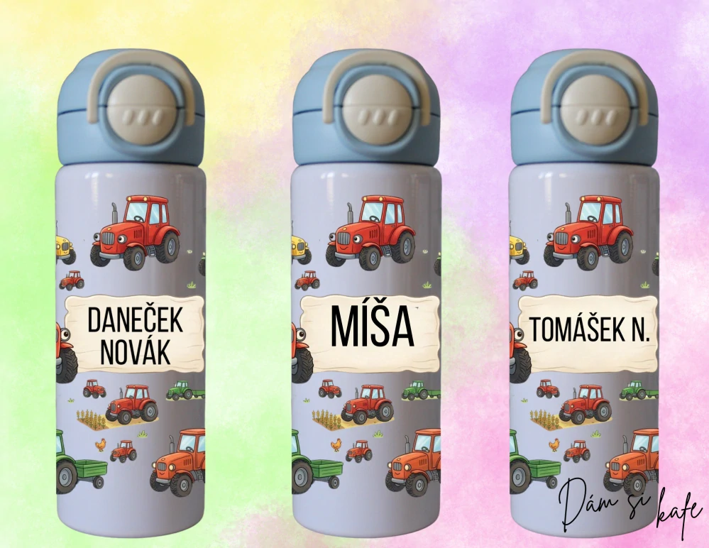 Dětská nerezová termoska s traktorem a jménem 500 ml – růžová / modrá