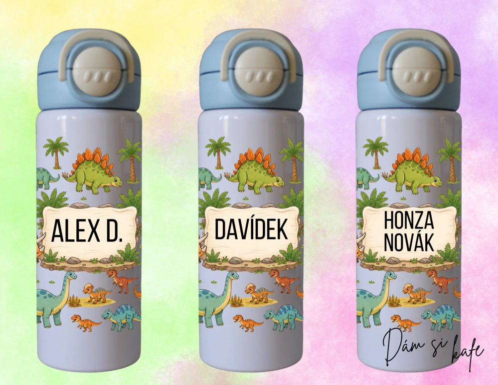 Dětská nerezová termoska s dino motivem a jménem 500 ml – růžová / modrá