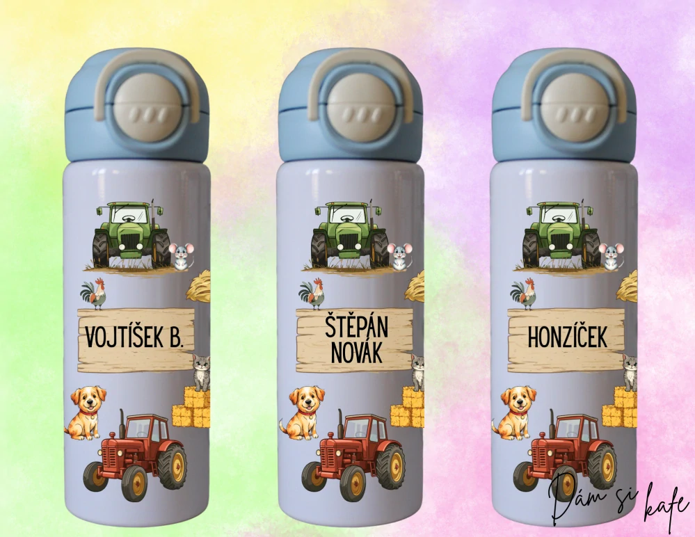 Dětská nerezová termoska s traktorem a farmou 500 ml – růžová / modrá