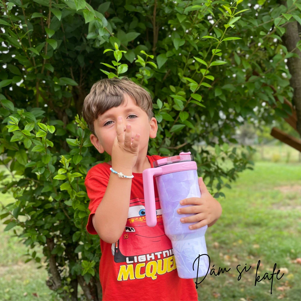 Mega termohrnek 1200ml s uchem a brčkem – Fialový mramor