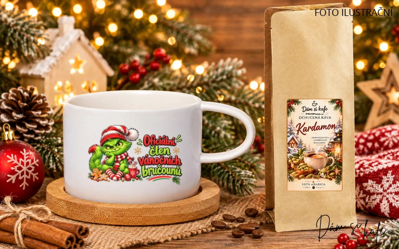 🎄 Vánoční šálek makronka s bambusovým podšálkem „Oficiální člen vánočních bručounů“