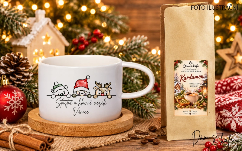 🎄 Vánoční šálek makronka s bambusovým podšálkem „Šťastné a hlavně veselé Vánoce“