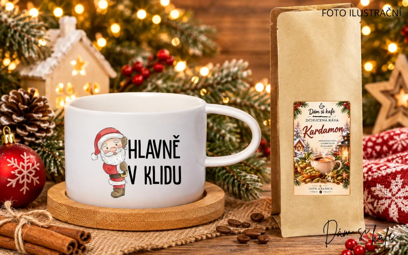 🎄 Vánoční šálek makronka s bambusovým podšálkem „Hlavně v klidu“
