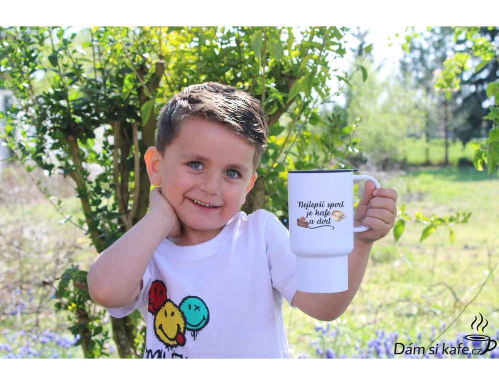 Cestovní polymerový hrnek „Nejlepší sport je kafe a dort“ (300 ml)