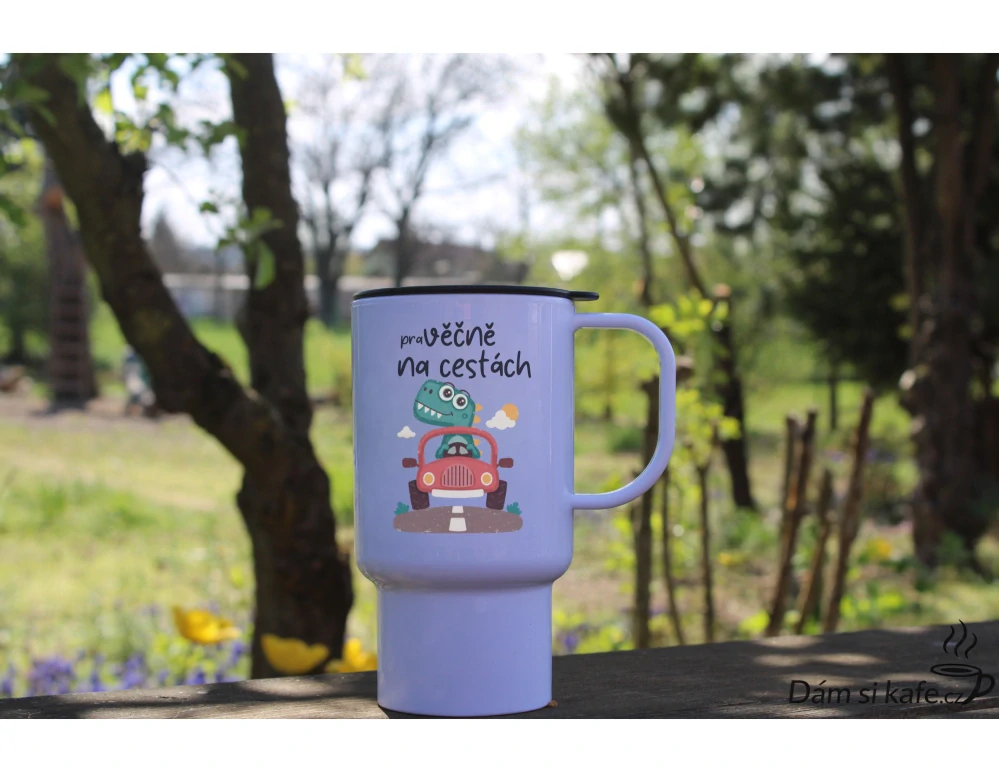 Cestovní polymerový hrnek „praVĚČNĚ NA CESTÁCH“ s dinosaurem (300 ml)