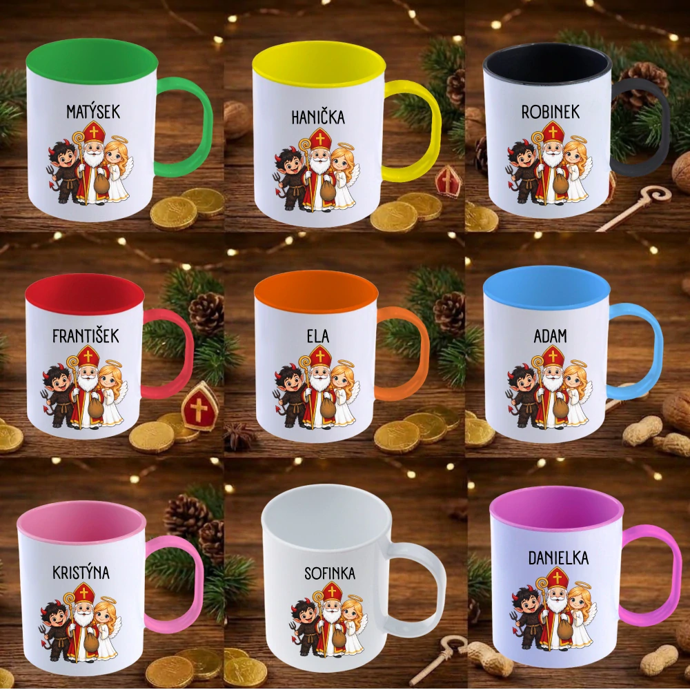 🎅 Výhodná dětská mikulášská dárková sada: Personalizovaný plastový hrnek „Mikulášská trojice“ + Jedlé čertovské uhlí (60 g) + Taška ZDARMA