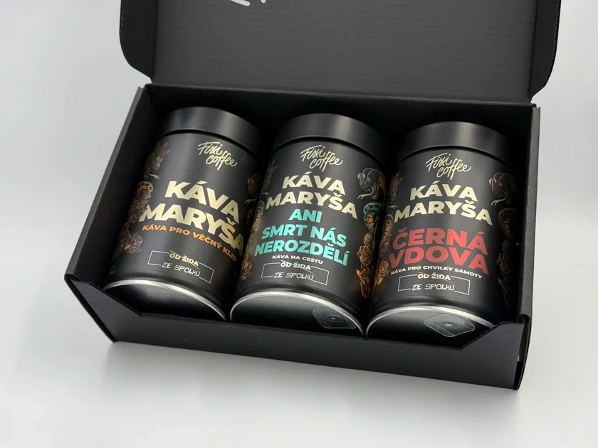 ☕ Dárková degustační sada Káva Maryša – V trojce a podruhé (3× 150 g v plechových dózách) Fixi Coffee