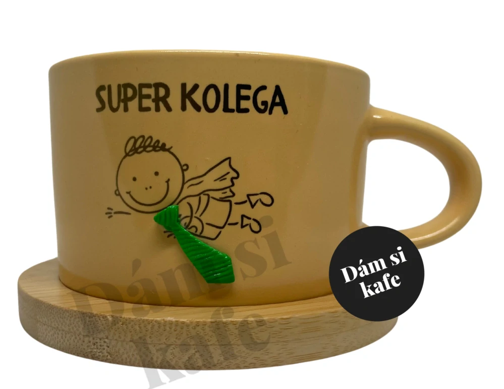 Šálek makronka žlutá super kolega se zelenou kravatou