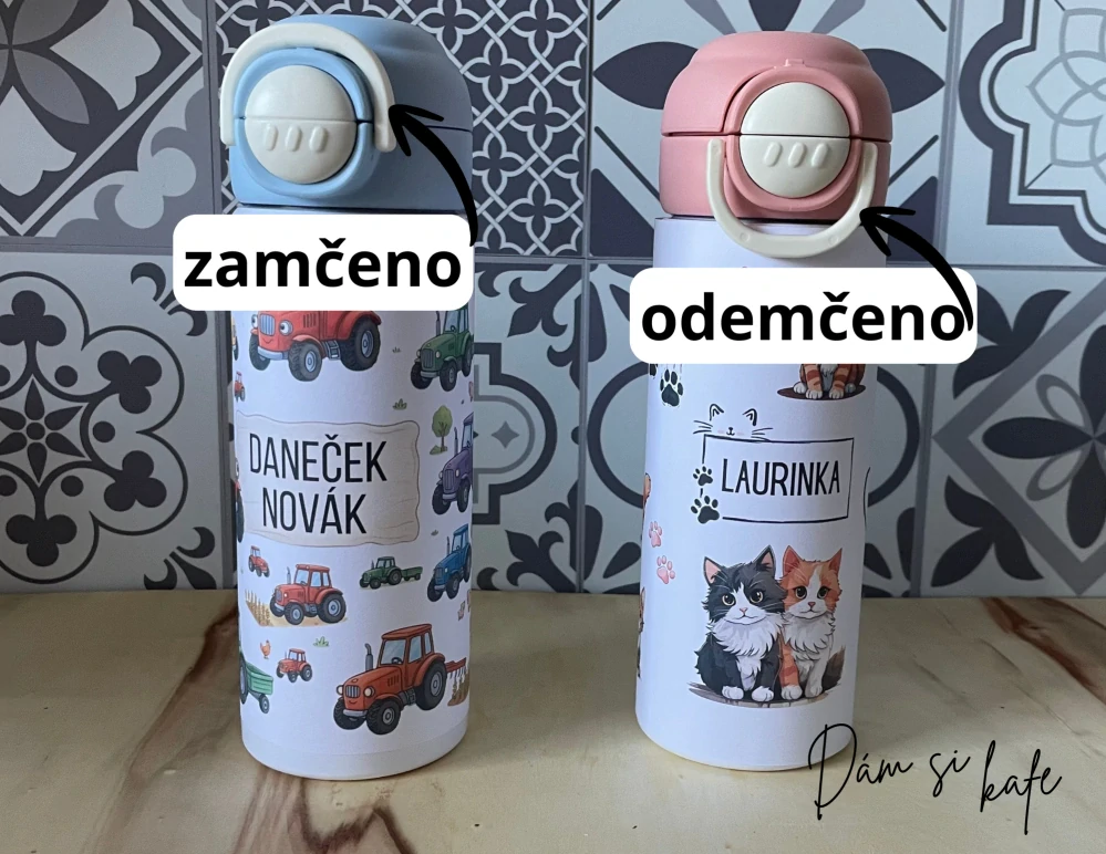 Dětská nerezová termoska s jménem a motivem Kočičky 500 ml – růžová / modrá