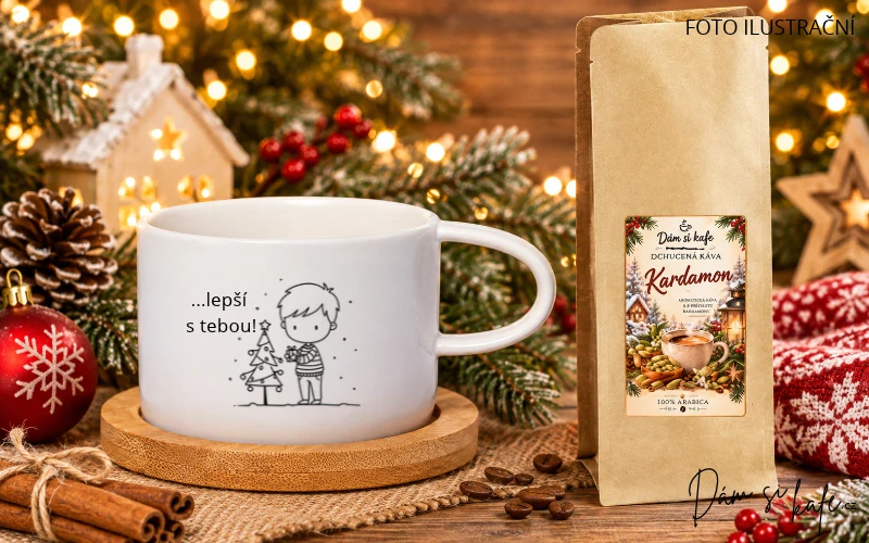 🎄 Vánoční dárková sada dvou makronkových šálků s bambusovými podšálky „Vánoce jsou... lepší s tebou“