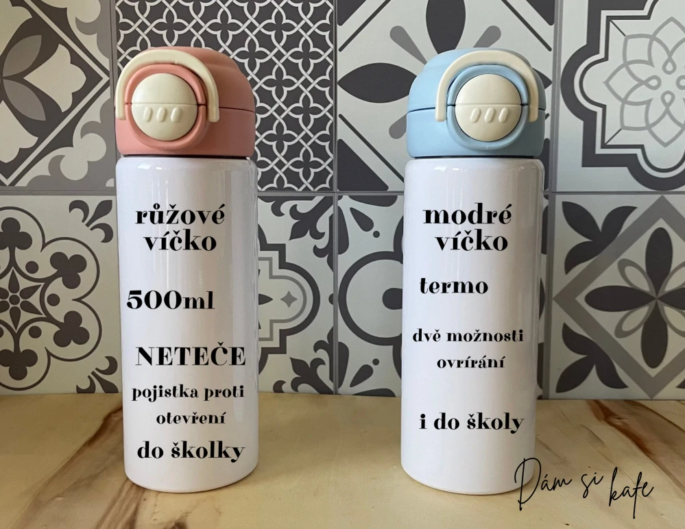 Dětská nerezová termoska s jménem a motivem Kočičky 500 ml – růžová / modrá