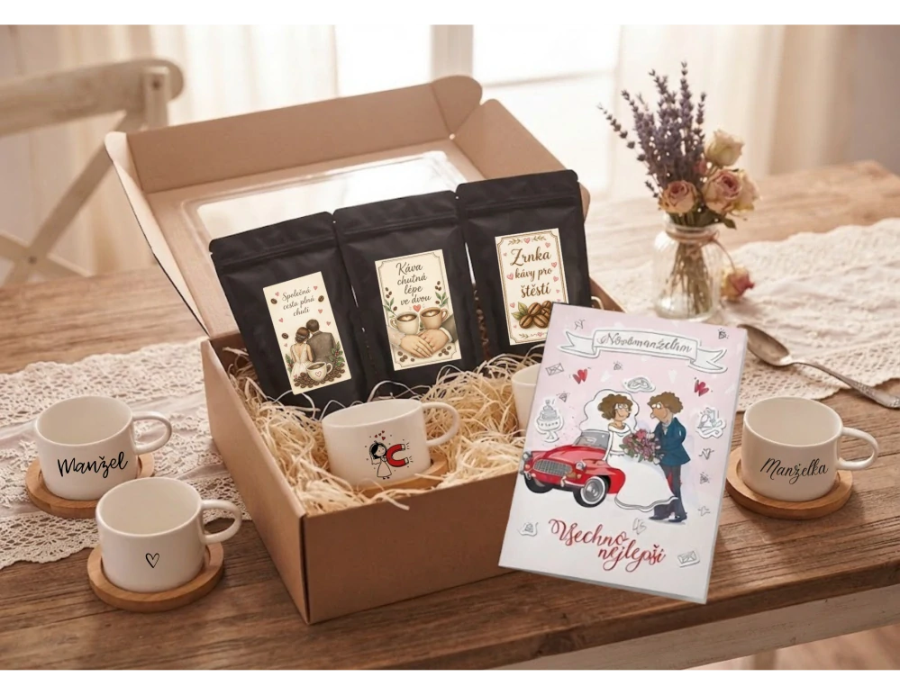 🎁 Svatební dárková sada pro novomanžele: 2× Makronkový šálek s ochucenou zrnkovou kávou