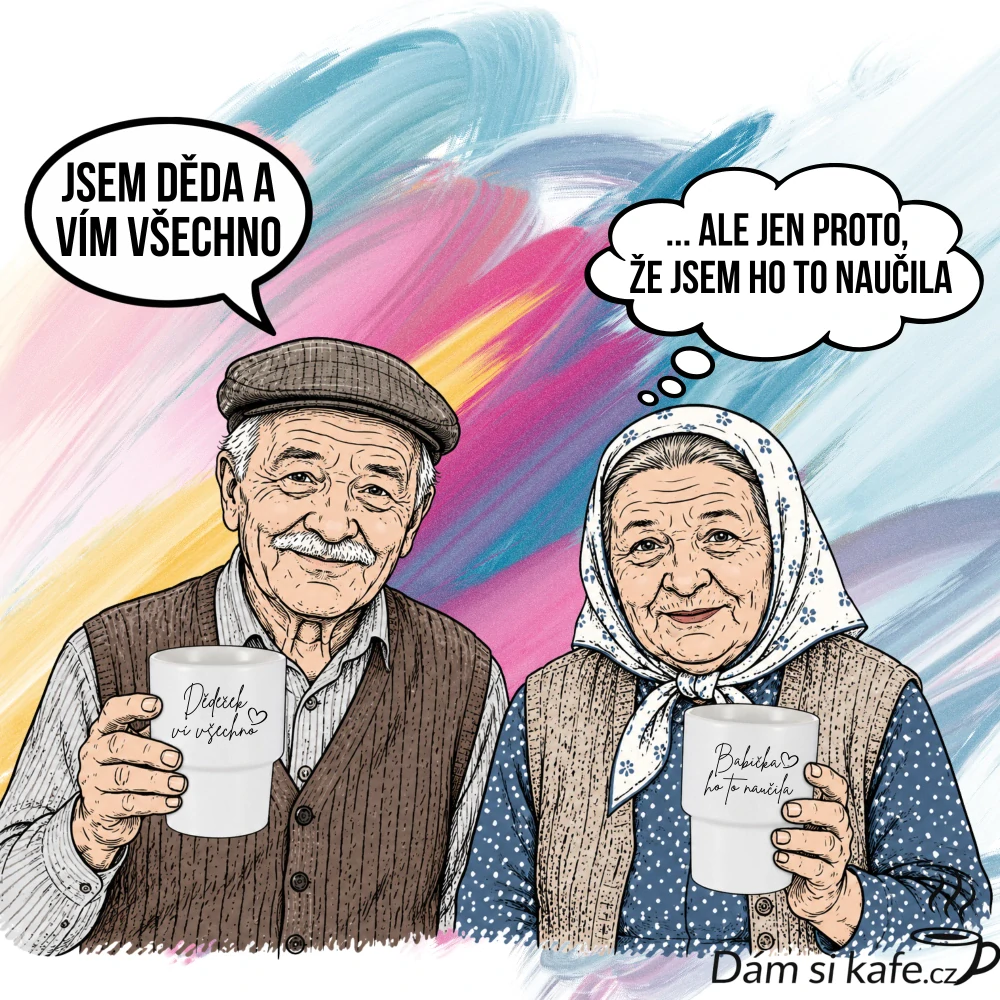 Výhodná sada keramických hrnků bez ucha „Děda ví všechno & Babička ho to naučila“ (2 ks x 360 ml)