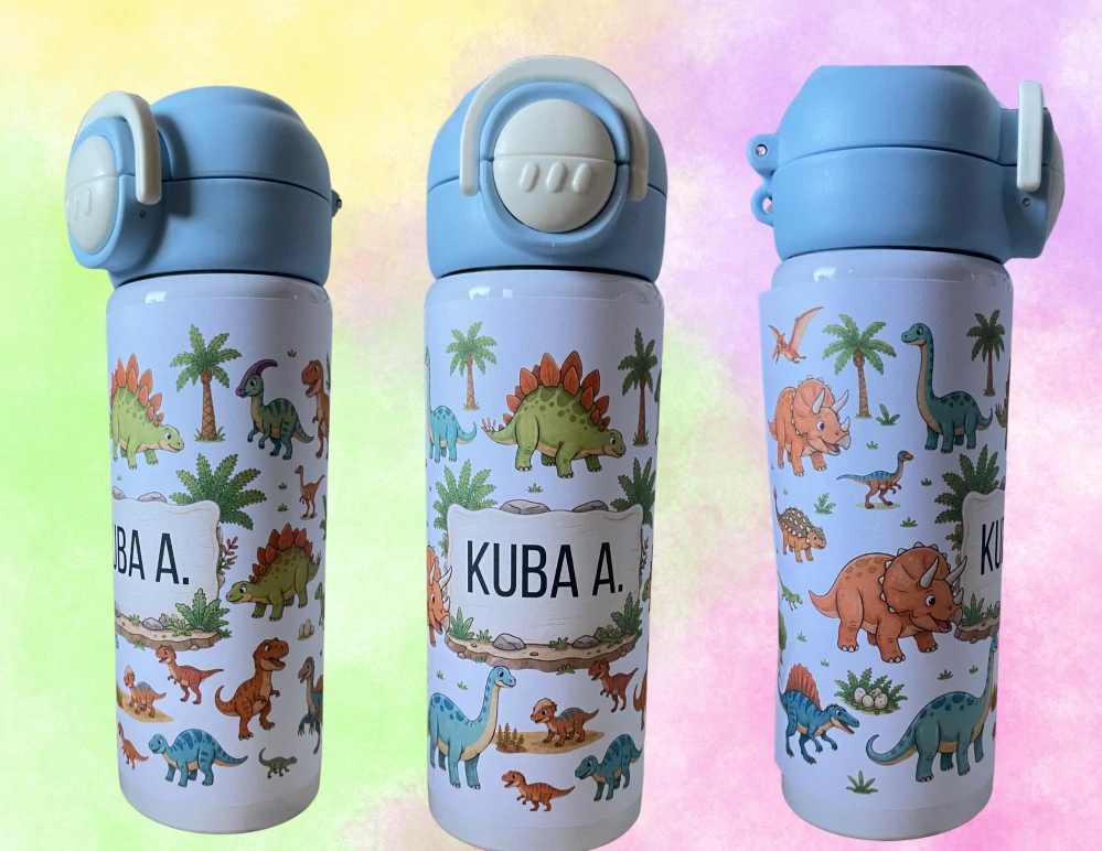 Dětská nerezová termoska s dino motivem a jménem 500 ml – růžová / modrá