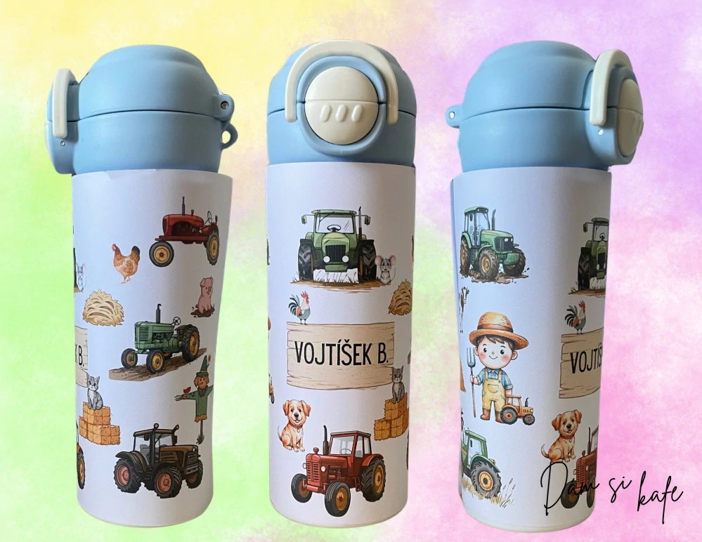 Dětská nerezová termoska s traktorem a farmou 500 ml – růžová / modrá