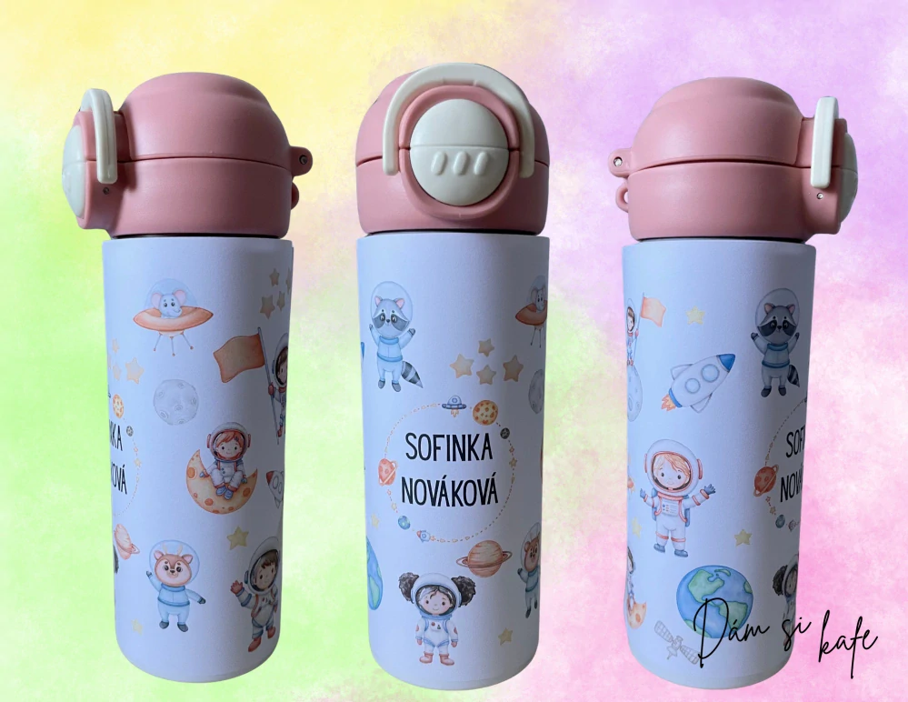 Dětská nerezová termoska s Astronautem 500 ml – růžová / modrá