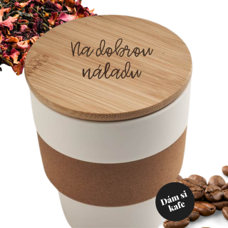 Plastový kelímek s korkem a bambusovým víčkem s gravírováním Na dobrou náladu