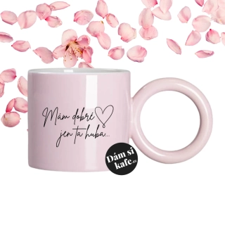 Růžový hrnek s velkým uchem Mám dobré srdce jen ta huba...