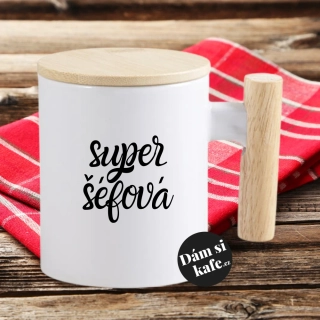 Keramický hrnek s dřevěným uchem a víčkem Super šéfová
