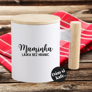Keramický hrnek s dřevěným uchem a víčkem MAMINKA láska bez hranic