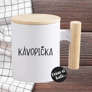 Keramický hrnek s dřevěným uchem a víčkem KÁVOPIČKA