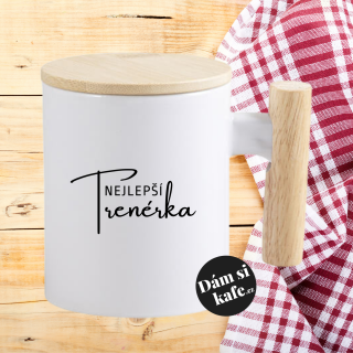 Keramický hrnek s dřevěným uchem a víčkem Nejlepší trenérka