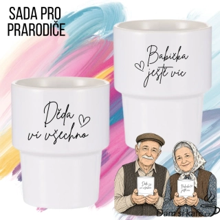 Výhodná sada keramických hrnků bez ucha „Děda ví všechno & Babička ještě víc“ (2 ks x 360 ml)