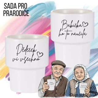 Výhodná sada keramických hrnků bez ucha „Děda ví všechno & Babička ho to naučila“ (2 ks x 360 ml)